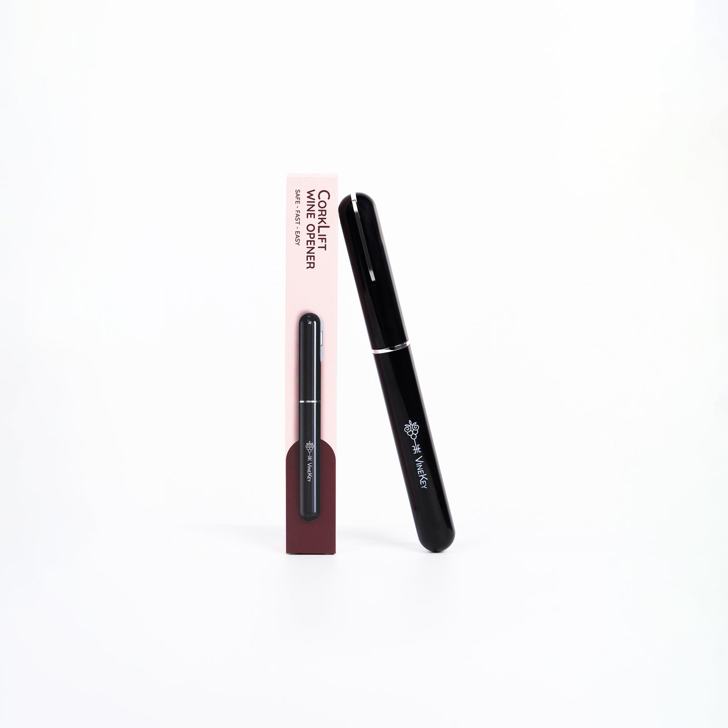 Product-only view of the VineKey air pump wine opener pen in matte black, standing upright