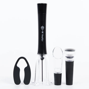 Flatlay of the VineKey air pump wine opener set in black — includes pen-style opener, foil cutter, wine pourer, and vacuum stopper