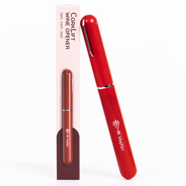 VineKey red air pump wine opener with retail packaging standing upright on white background