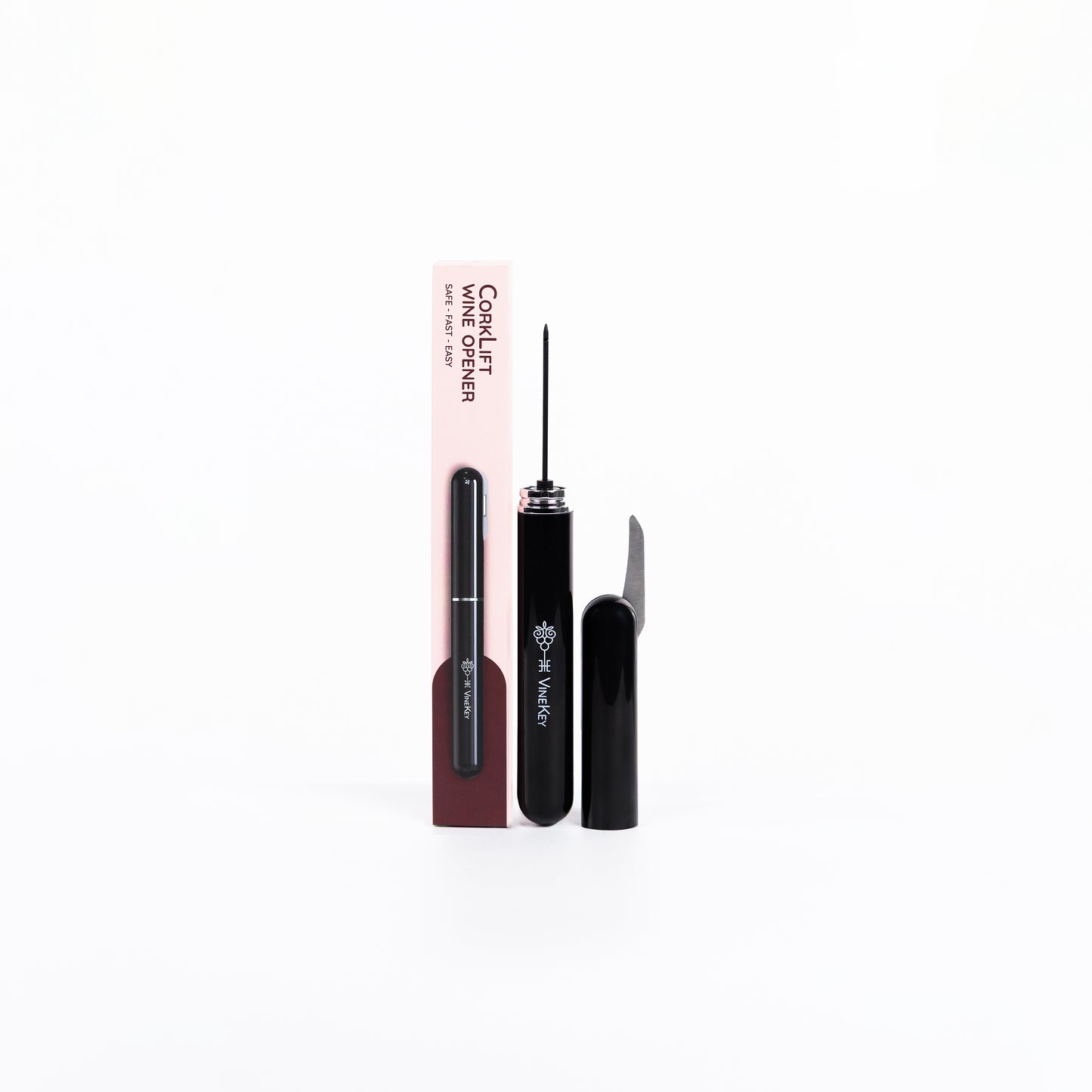 Open product box showing the VineKey black air pump wine opener pen and included packaging