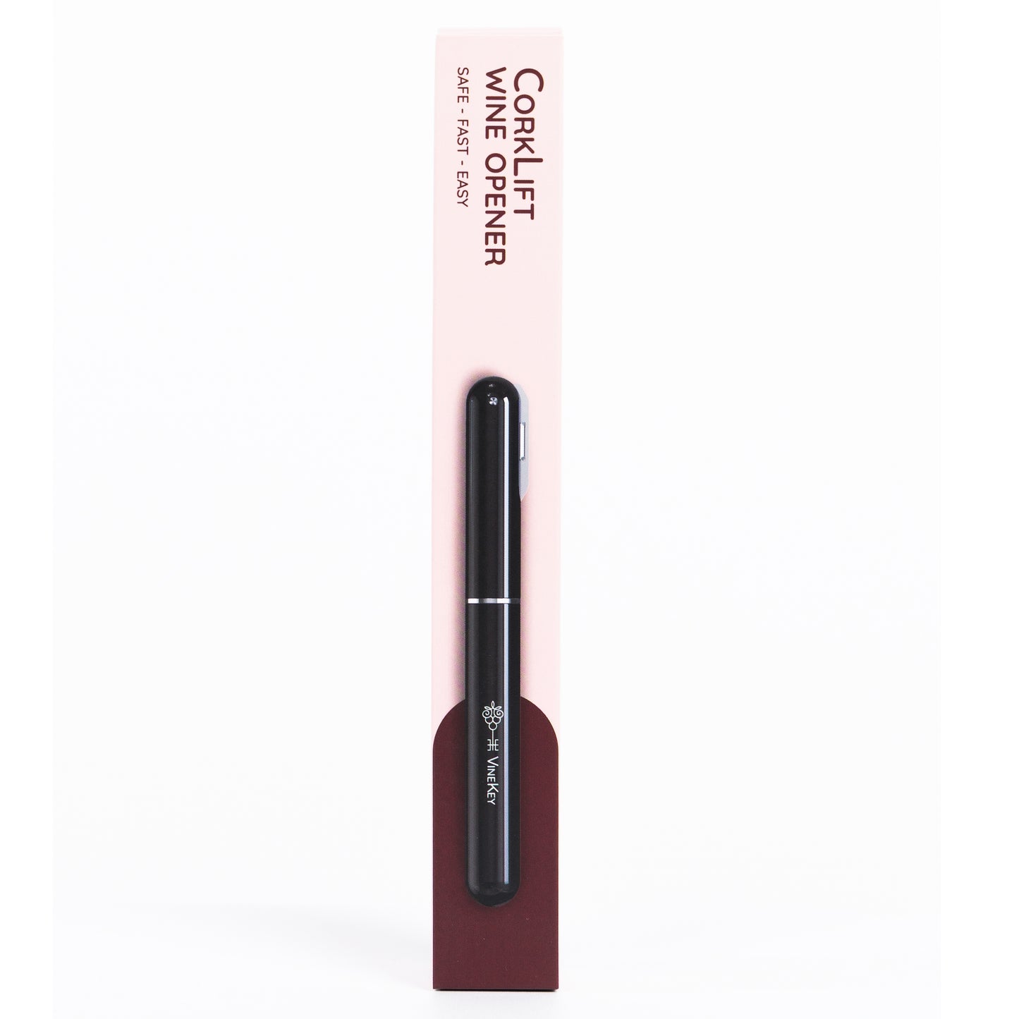 Retail packaging of the VineKey black air pump wine opener pen — sleek and compact pen-style design