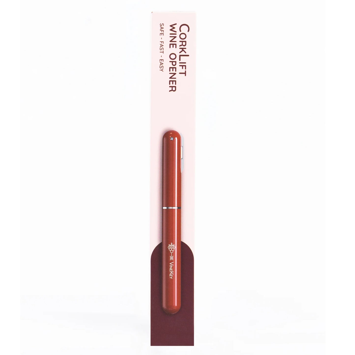 Retail packaging of the VineKey red air pump wine opener pen — sleek, pen-style design displayed in vertical box

