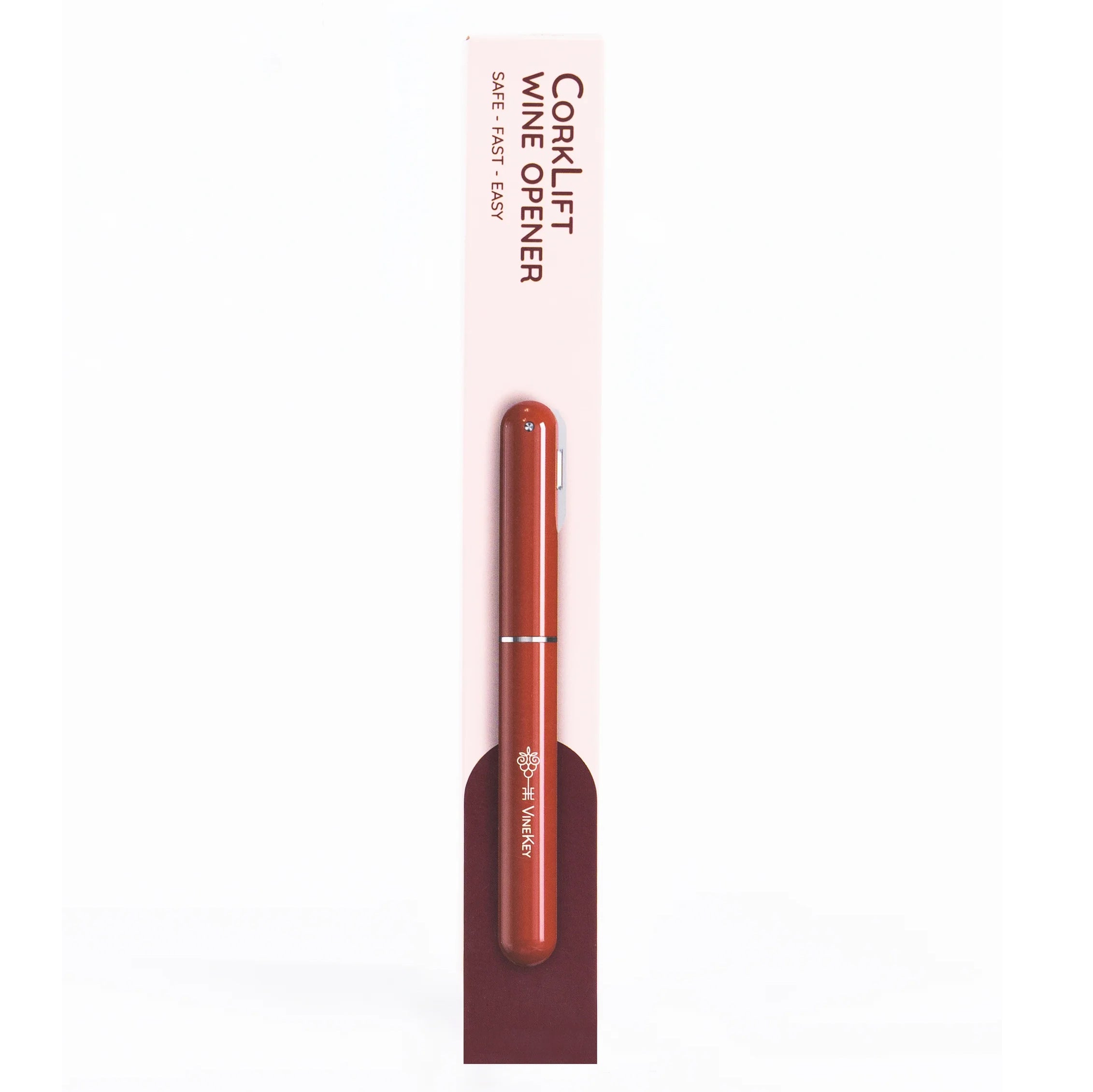 Retail packaging of the VineKey red air pump wine opener pen — sleek, pen-style design displayed in vertical box

