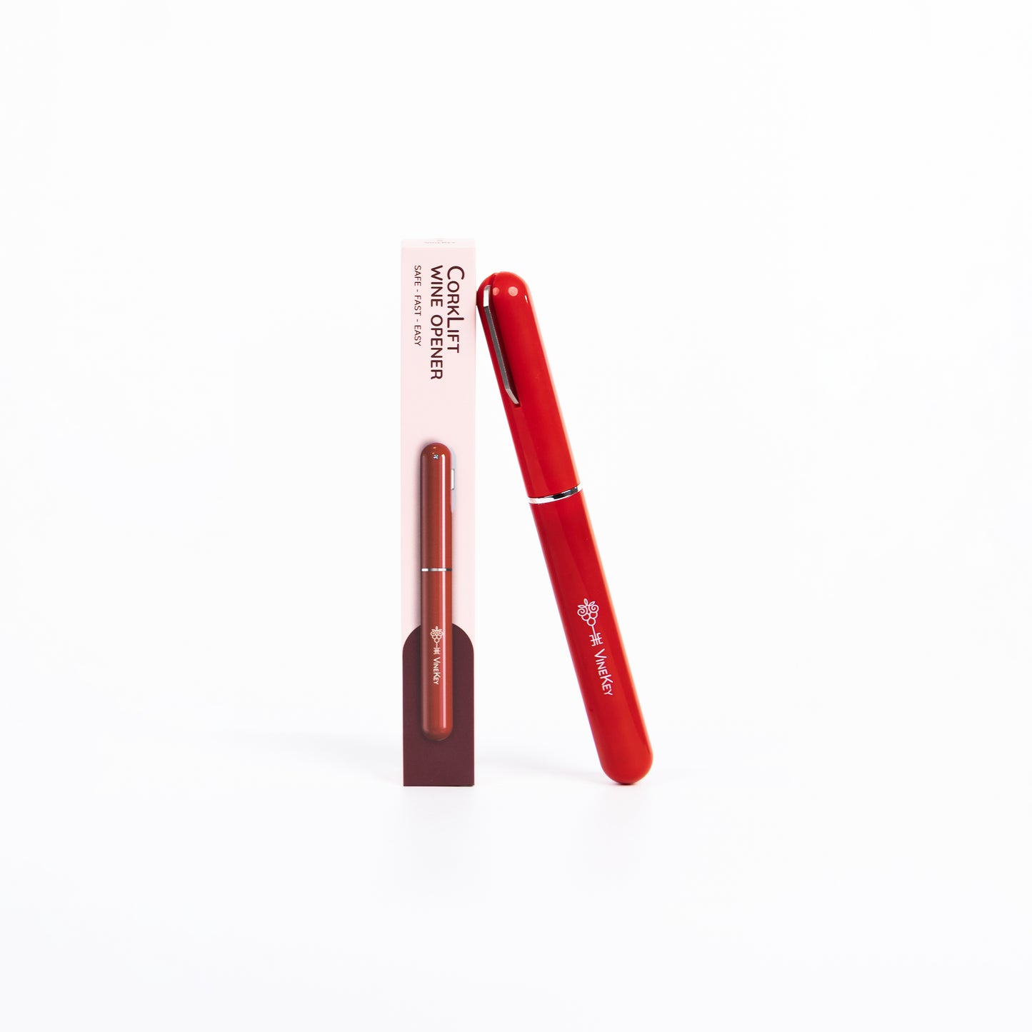 VineKey red air pump wine opener pen standing upright on a white background