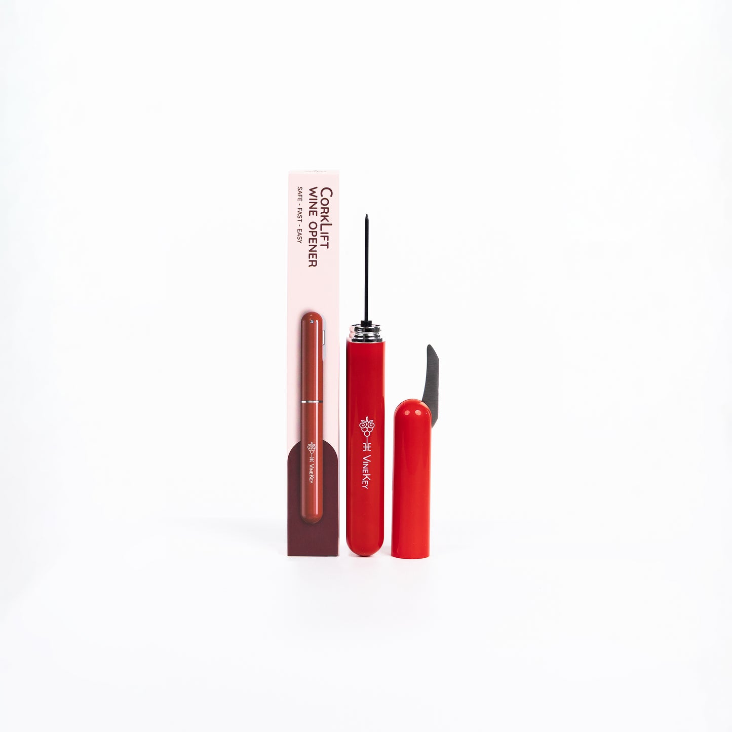 VineKey red wine opener pen with cap shown removed beside the device